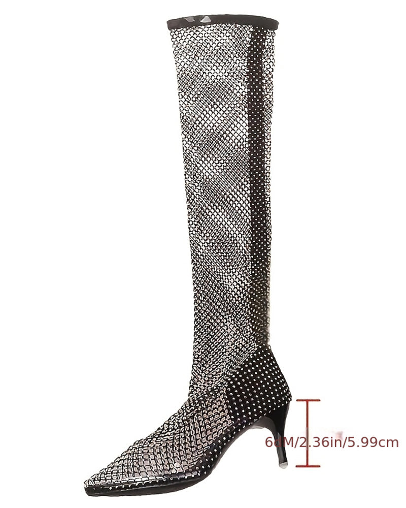 Black rhinestone fishnet over-the-knee stiletto boots, front view