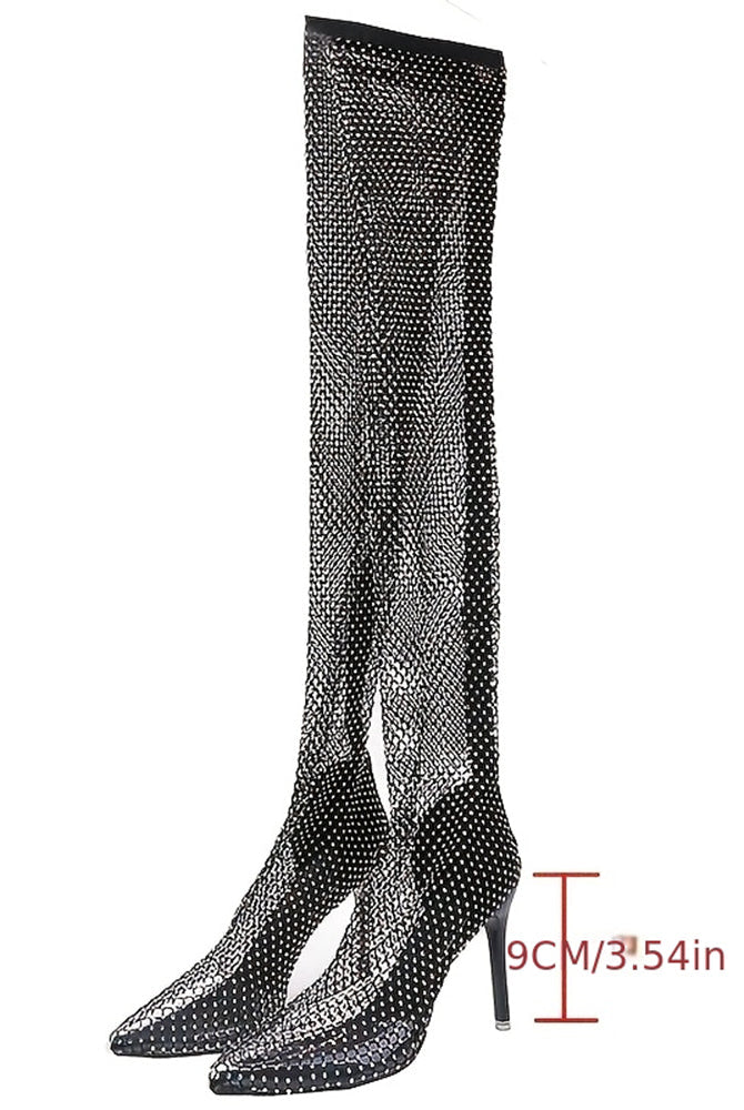 Black rhinestone fishnet over-the-knee stiletto boots, angled side view