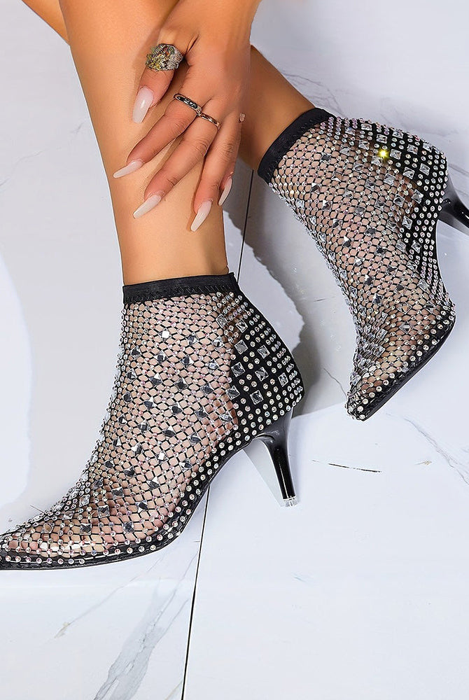Black rhinestone fishnet mesh pointed-toe kitten heel booties, side view