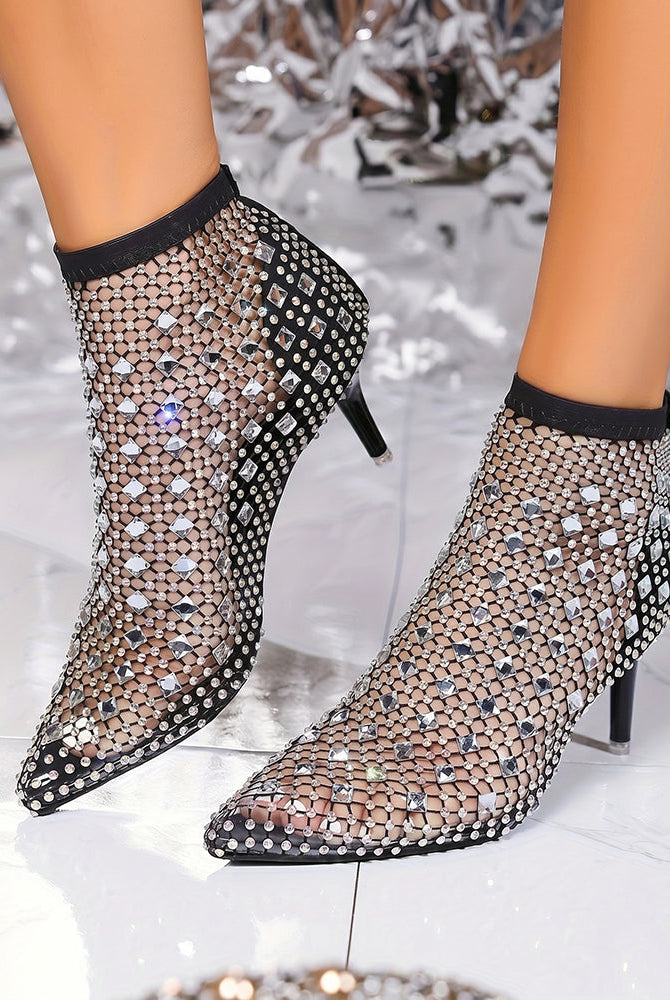 Black rhinestone fishnet mesh pointed-toe kitten heel booties, front view