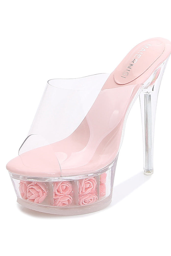 Pink clear platform high heel mule slide with rose accents