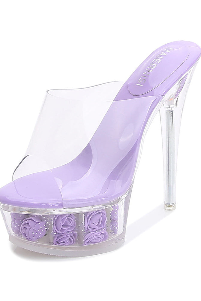 Purple clear platform high heel mule slide with rose floral platform