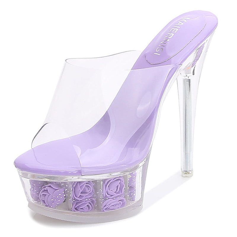 Purple clear platform high heel mule slide with rose floral platform
