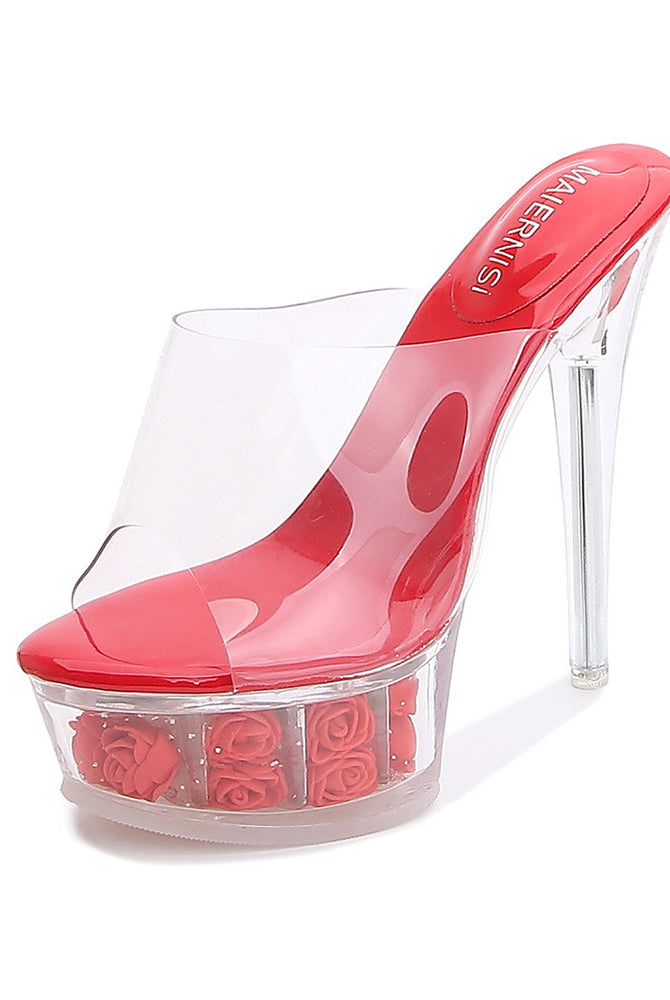 Red clear platform mule slide with rose-decorated sole and high heel