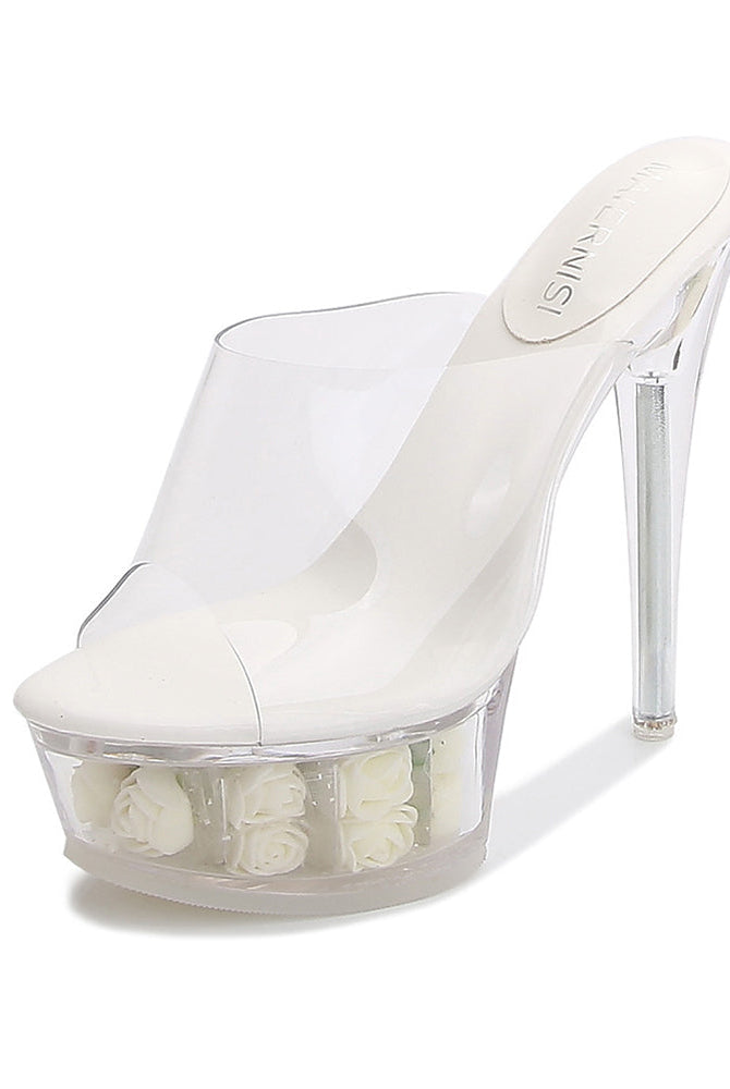 Clear platform mule sandal with white rose flowers and a high stiletto heel