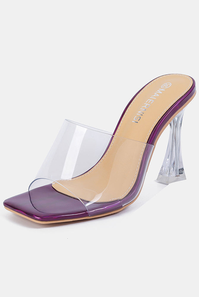 Purple clear-strap square-toe high heel mule with transparent block heel