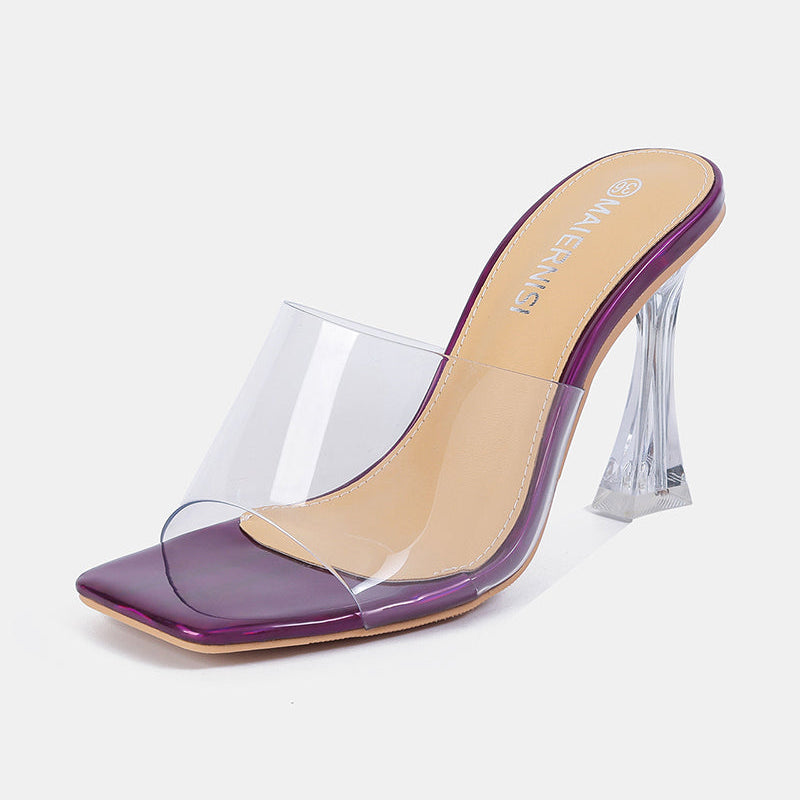 Purple clear-strap square-toe high heel mule with transparent block heel