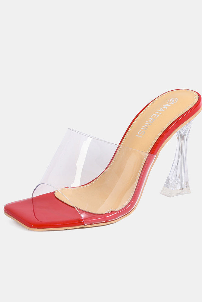 Red clear-strap square-toe high heel mule with transparent block heel
