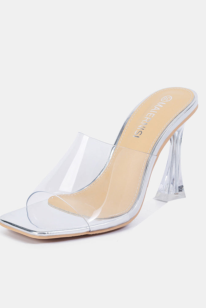 White clear-strap square-toe high heel mule with transparent block heel