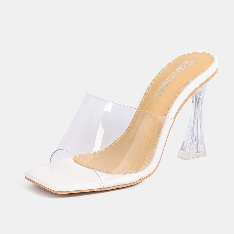 White clear-strap square-toe high heel mule with transparent block heel
