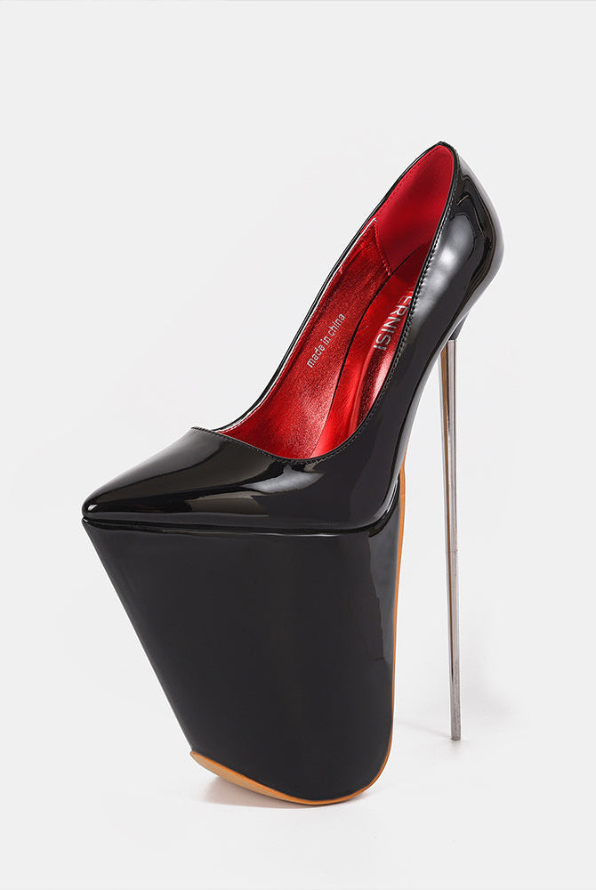 Black patent platform stiletto pump with red interior lining and slender high heel