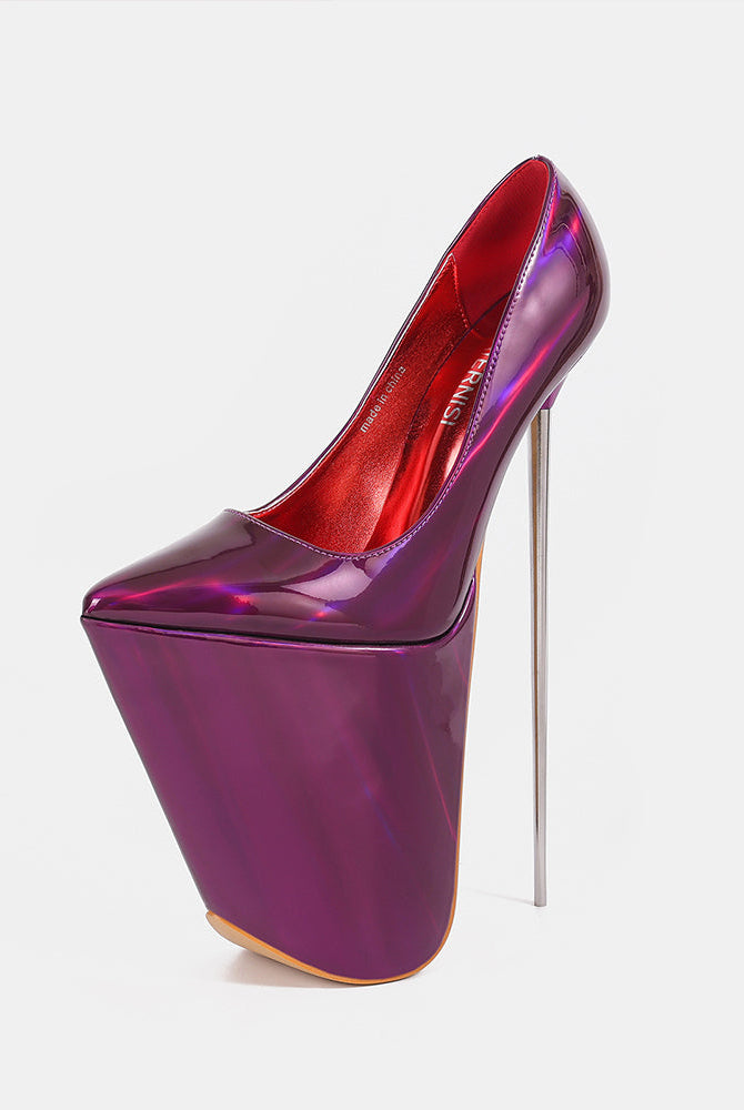 Purple patent platform stiletto pump with slim metal high heel