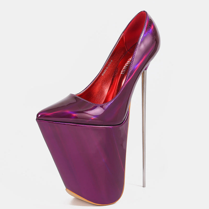Purple patent platform stiletto pump with slim metal high heel