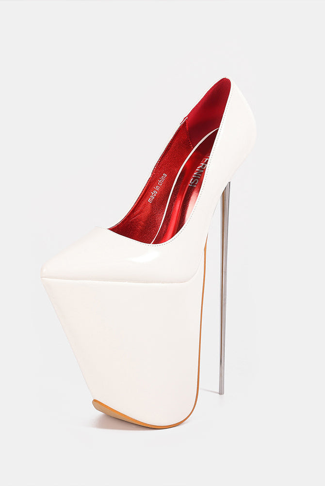 White patent platform stiletto pump with pointed toe and tall thin stiletto heel
