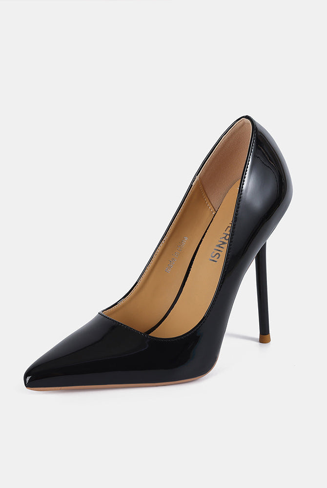 Black patent leather pointed toe stiletto pump with smooth glossy finish