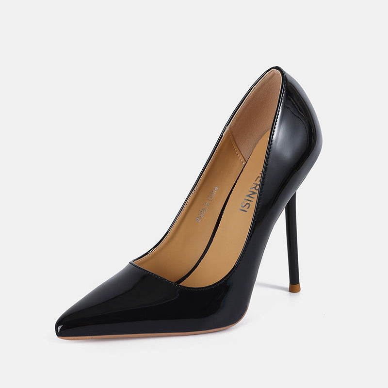 Black patent leather pointed toe stiletto pump with smooth glossy finish