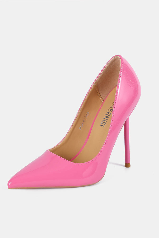 Pink patent leather pointed toe stiletto pump with slim stiletto heel
