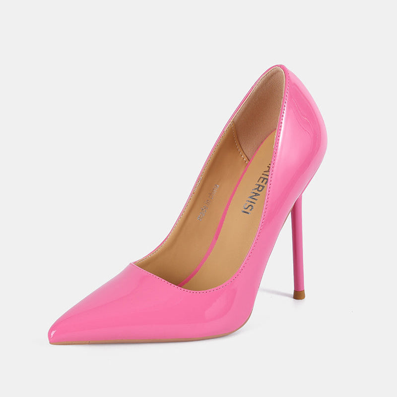 Pink patent leather pointed toe stiletto pump with slim stiletto heel