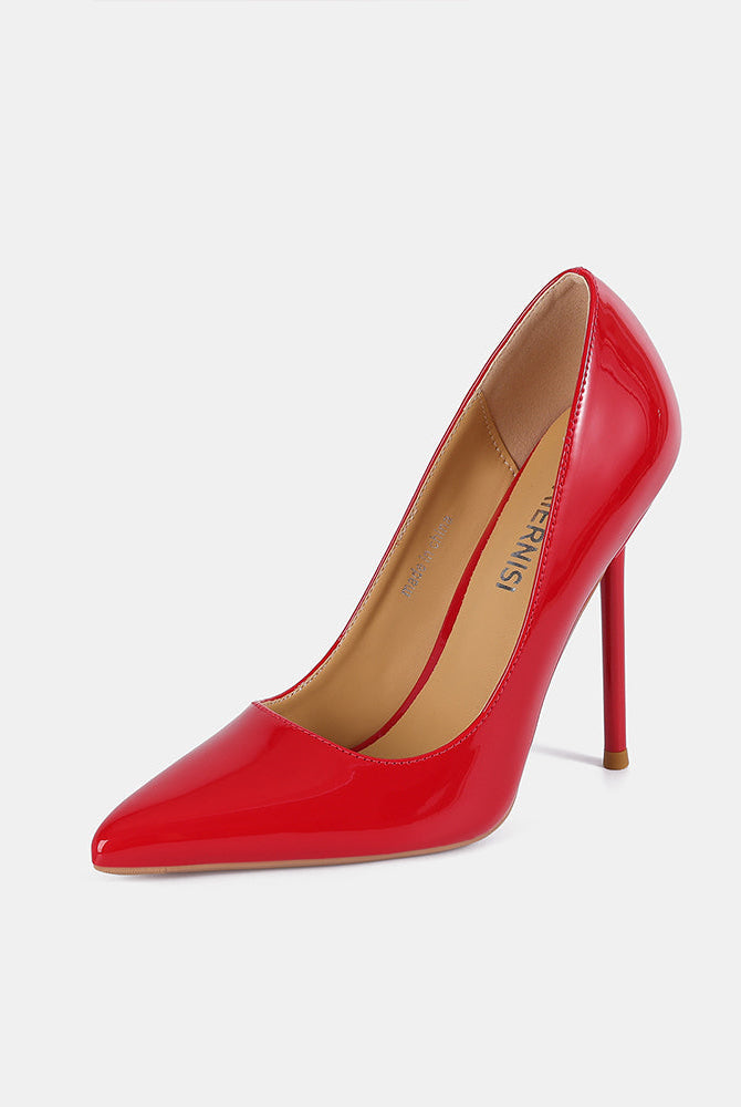 Red patent leather pointed toe stiletto pump with slim high heel