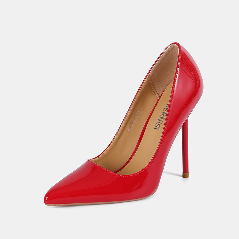 Red patent leather pointed toe stiletto pump with slim high heel