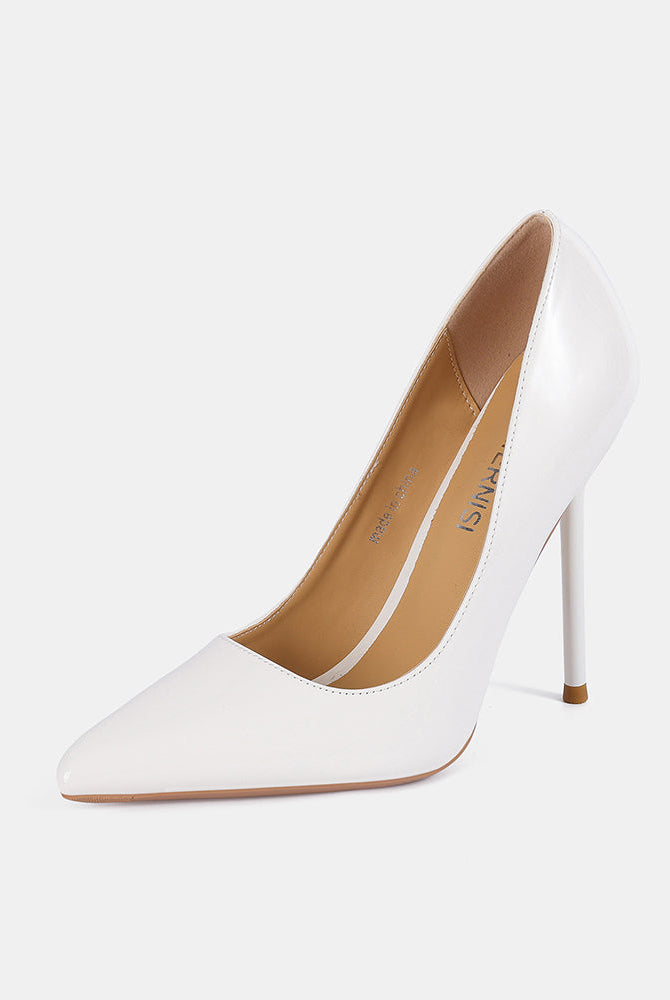 White patent leather pointed toe stiletto pump with smooth glossy upper