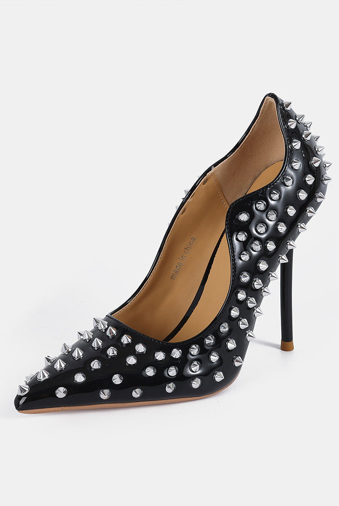 Black patent pointed-toe stiletto pump with silver spike studs, high heel