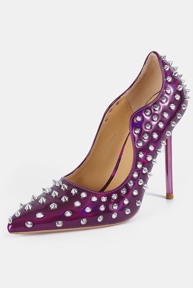 Purple patent pointed-toe stiletto pump with silver spike studs, high heel