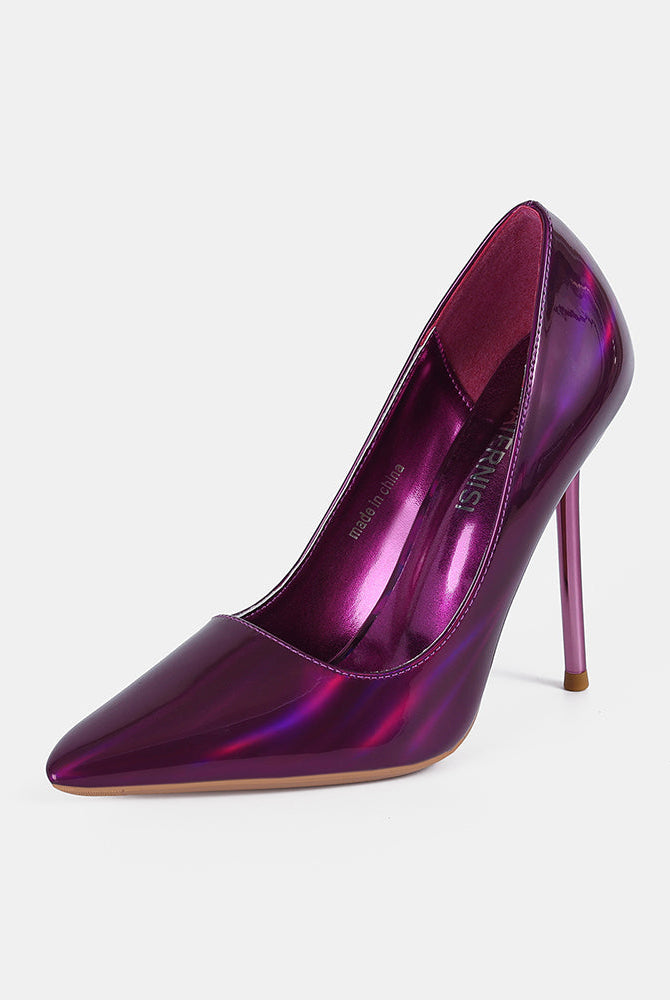Purple metallic pointed-toe stiletto pump with mirror finish, high heel