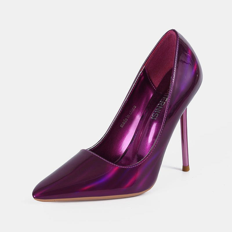 Purple metallic pointed-toe stiletto pump with mirror finish, high heel
