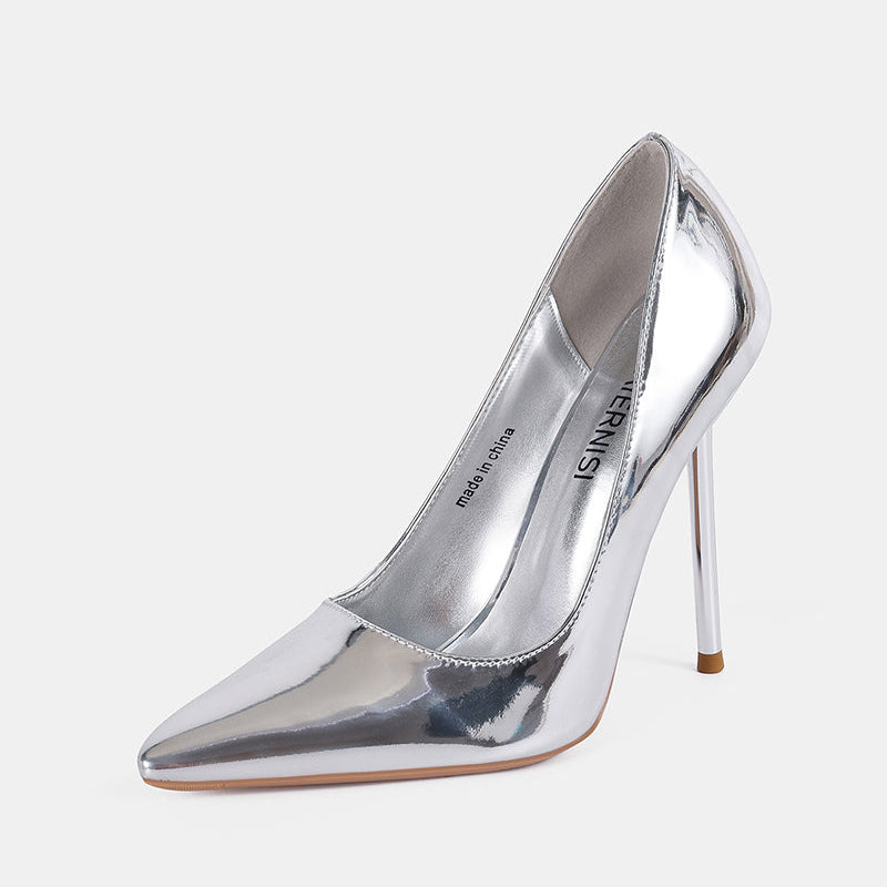 Silver mirror-finish pointed-toe stiletto pump, high stiletto heel