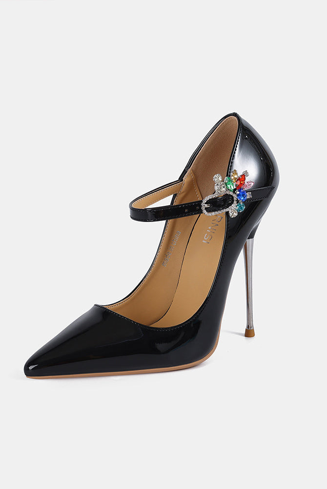 Black patent Mary Jane stiletto pump with rhinestone buckle strap