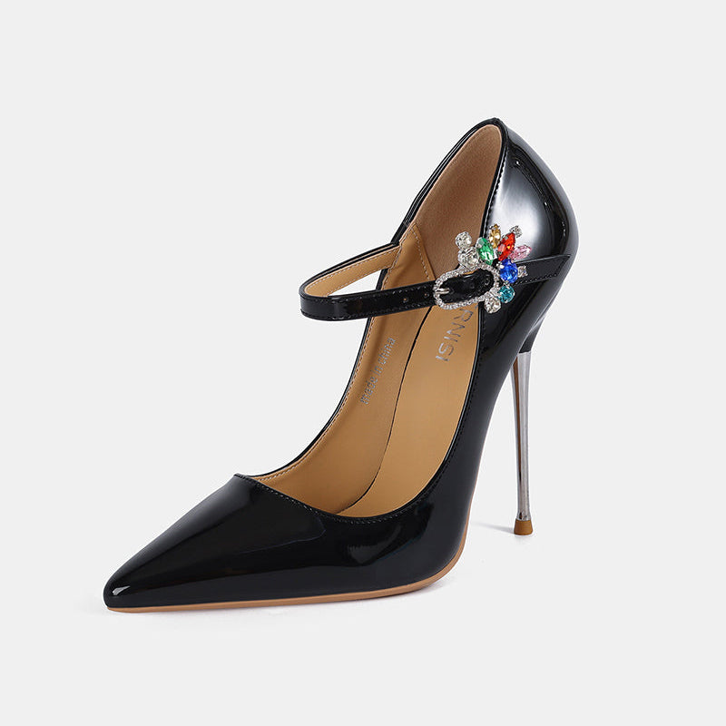 Black patent Mary Jane stiletto pump with rhinestone buckle strap