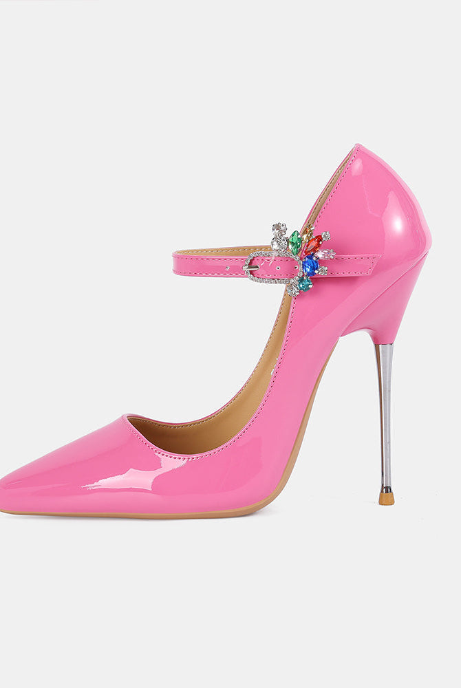 Pink patent Mary Jane stiletto pump with rhinestone buckle ankle strap