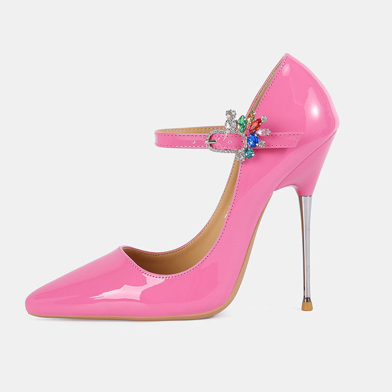 Pink patent Mary Jane stiletto pump with rhinestone buckle ankle strap
