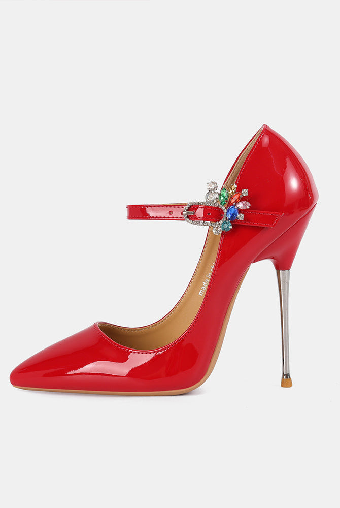 Red patent stiletto pump with rhinestone buckle ankle strap