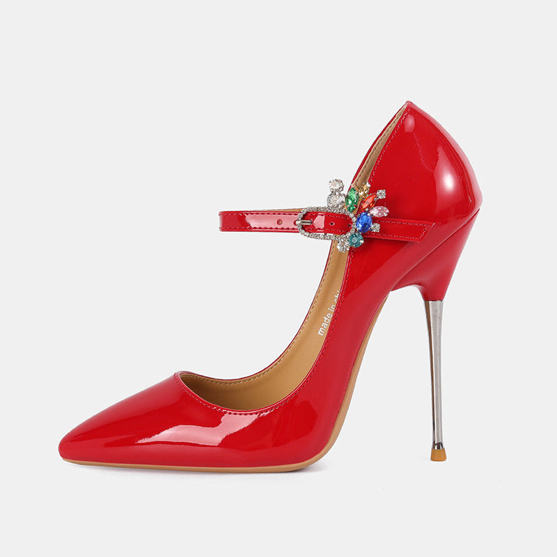 Red patent stiletto pump with rhinestone buckle ankle strap