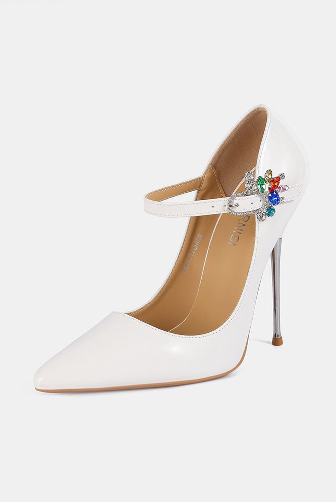 White patent Mary Jane stiletto pump with rhinestone buckle ankle strap