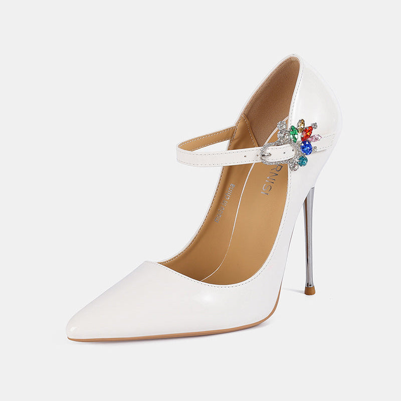 White patent Mary Jane stiletto pump with rhinestone buckle ankle strap
