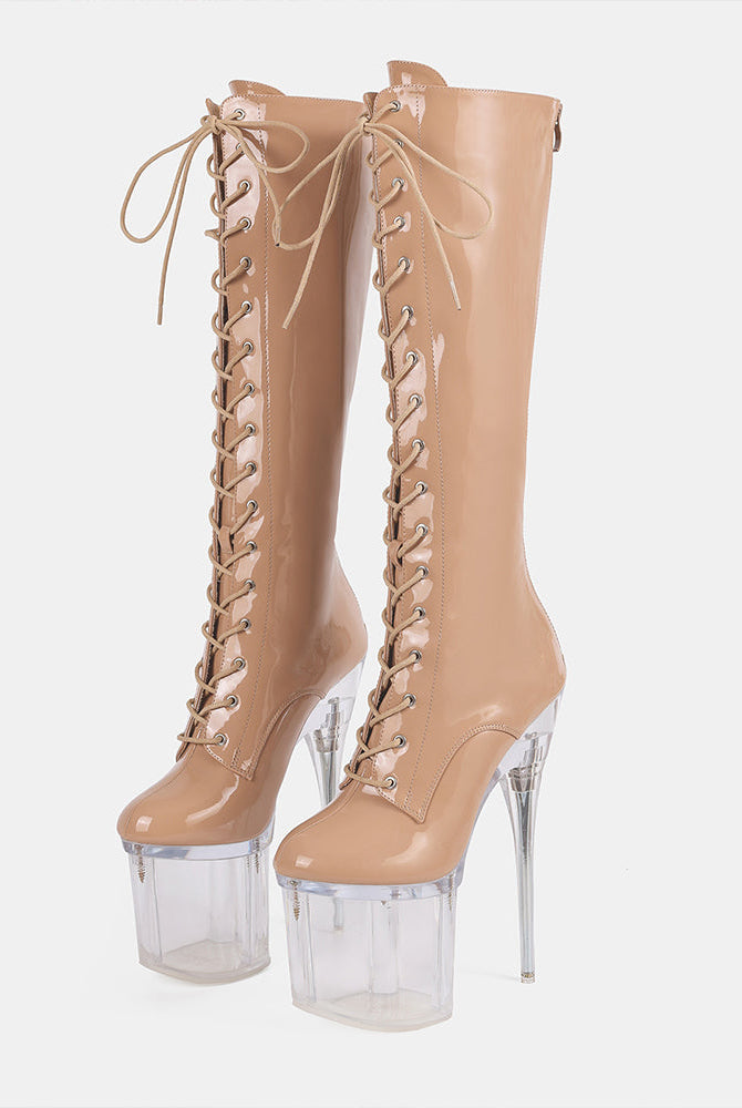 Apricot knee-high patent lace-up stiletto boots with clear platform heel