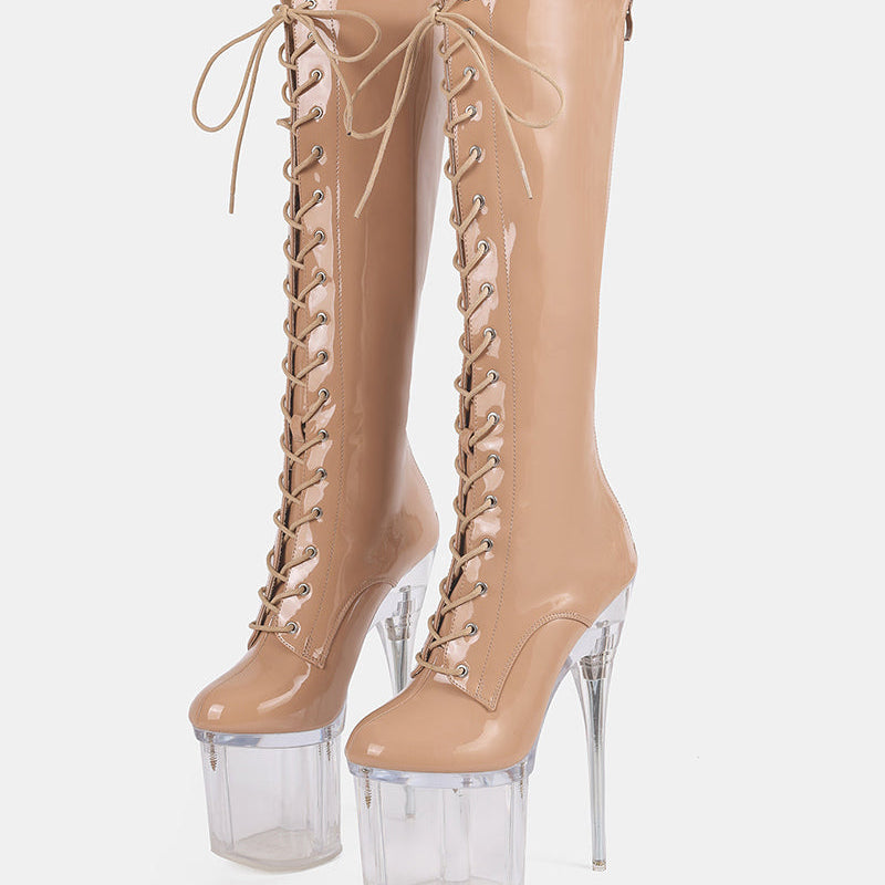 Apricot knee-high patent lace-up stiletto boots with clear platform heel