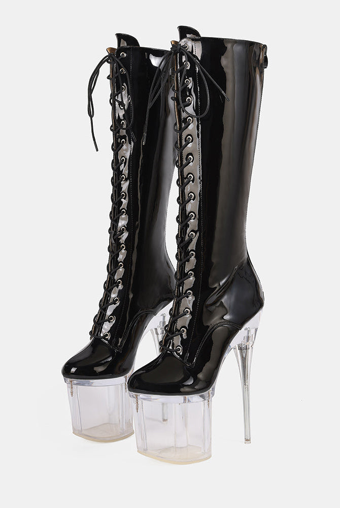 Black knee-high patent lace-up stiletto boots with clear platform heel