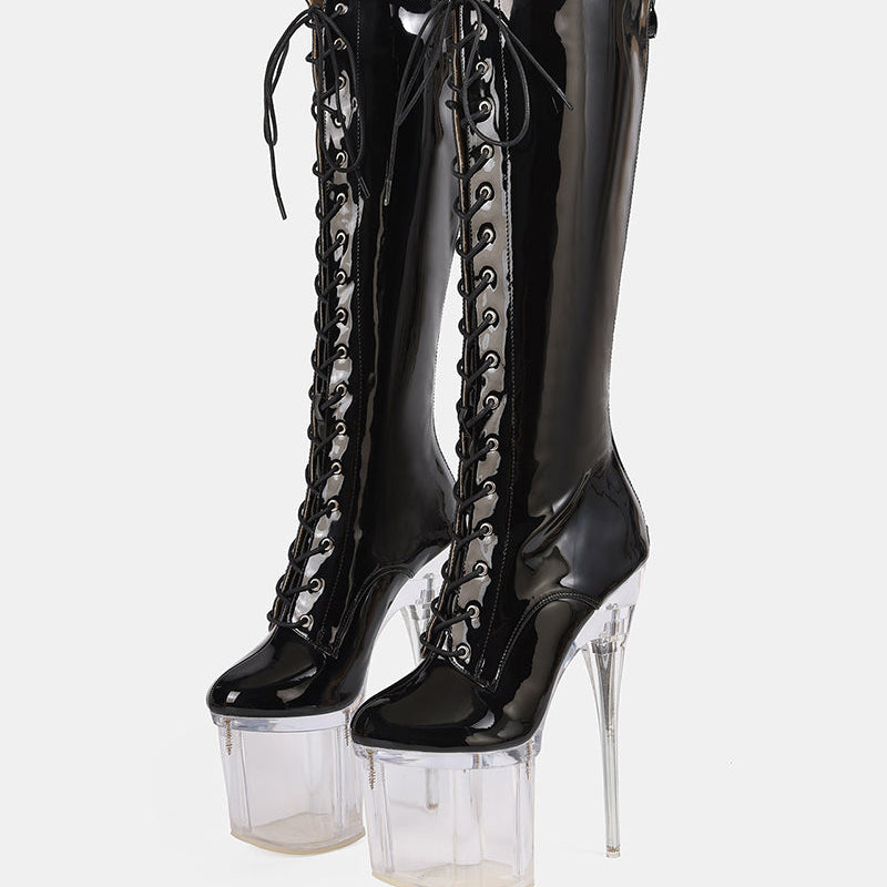Black knee-high patent lace-up stiletto boots with clear platform heel