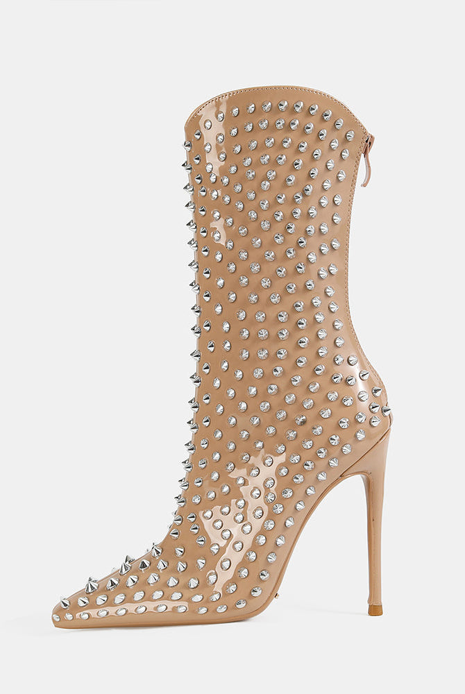 Apricot mid-calf stiletto boot with pointed toe and silver spike studs