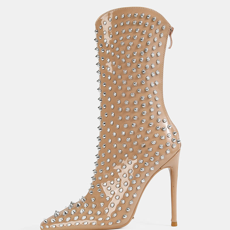 Apricot mid-calf stiletto boot with pointed toe and silver spike studs