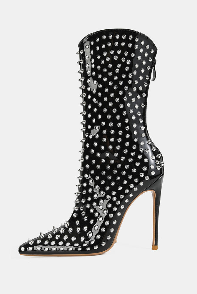 Black mid-calf stiletto boot with pointed toe and silver spike studs