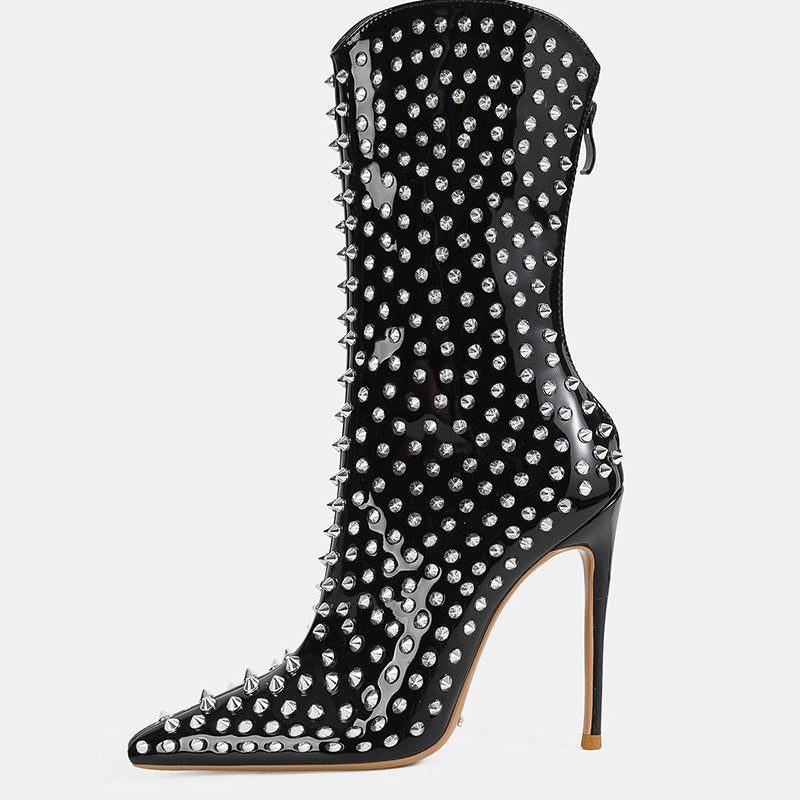 Black mid-calf stiletto boot with pointed toe and silver spike studs