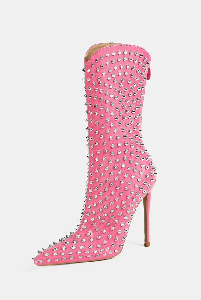 Pink mid-calf stiletto boot with pointed toe and silver spike studs