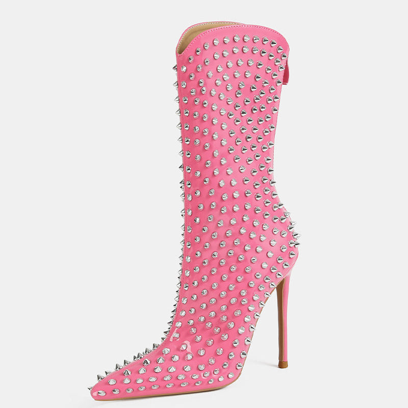 Pink mid-calf stiletto boot with pointed toe and silver spike studs