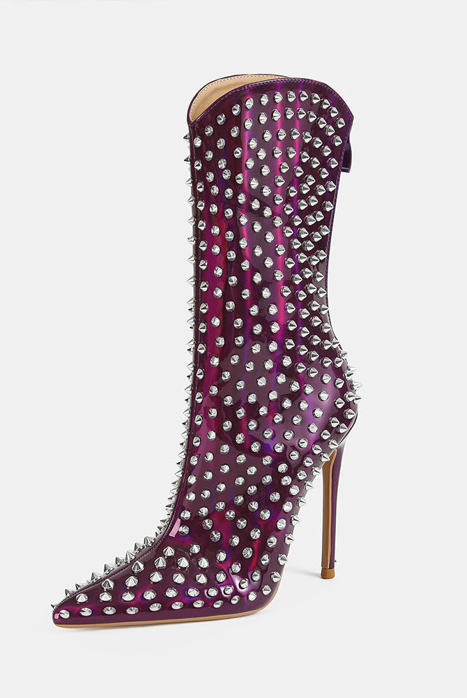 Purple mid-calf stiletto boot with pointed toe and silver spike studs