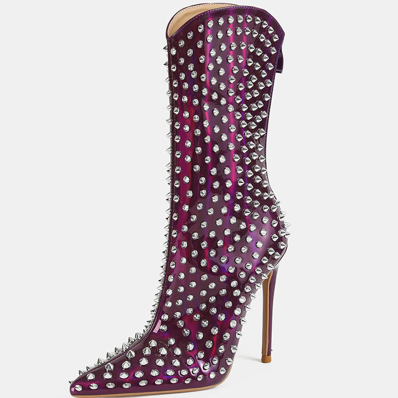 Purple mid-calf stiletto boot with pointed toe and silver spike studs